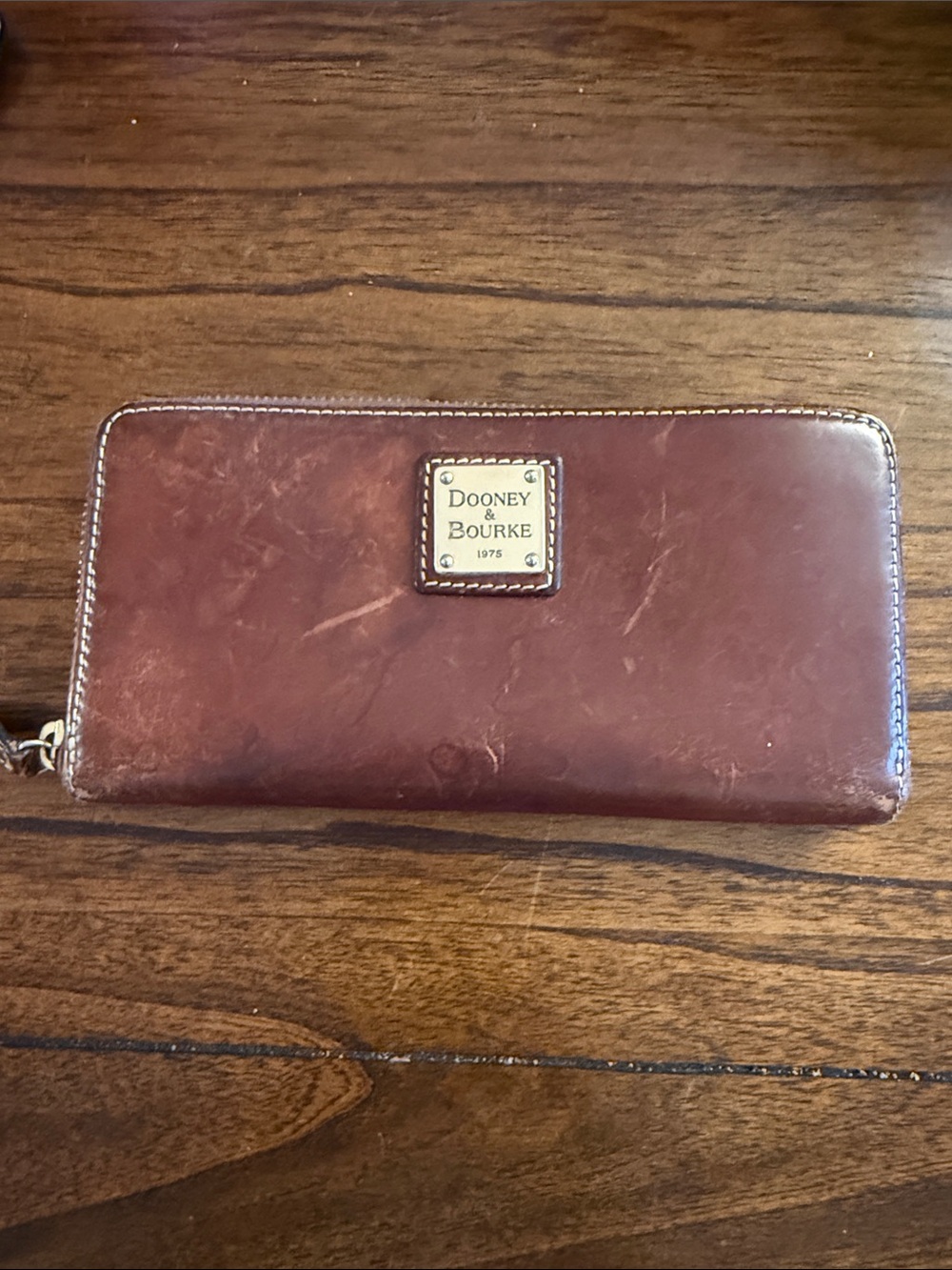 Dooney & Bourke Chestnut Leather Zip Wallet with Logo Plaque